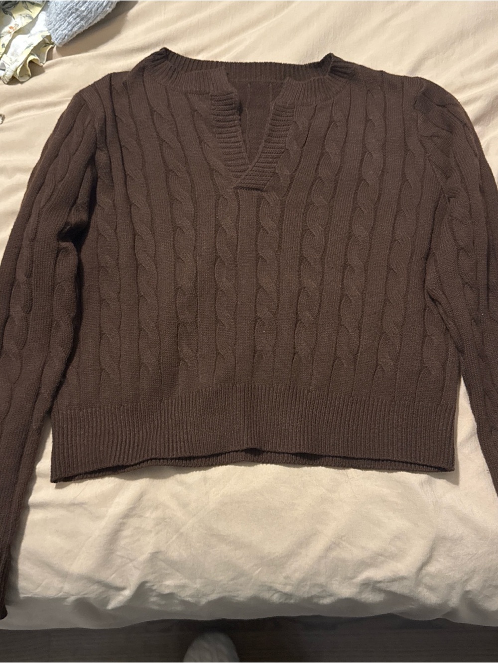 Chocolate Brown Cable Knit V-Neck Sweater